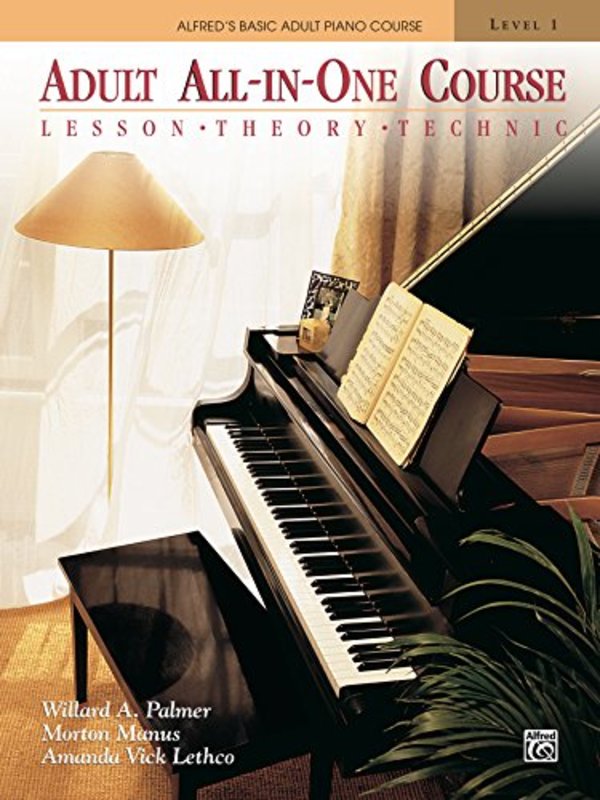 Book cover for "Alfred's Basic Adult All-In-One Piano Course" by Willard A. Palmer