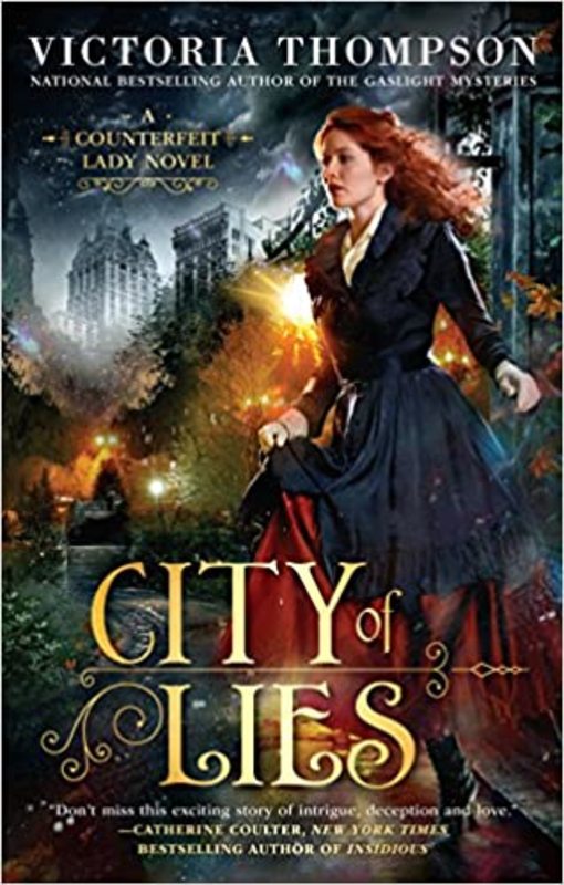 Book cover for "City of Lies" by Victoria Thompson