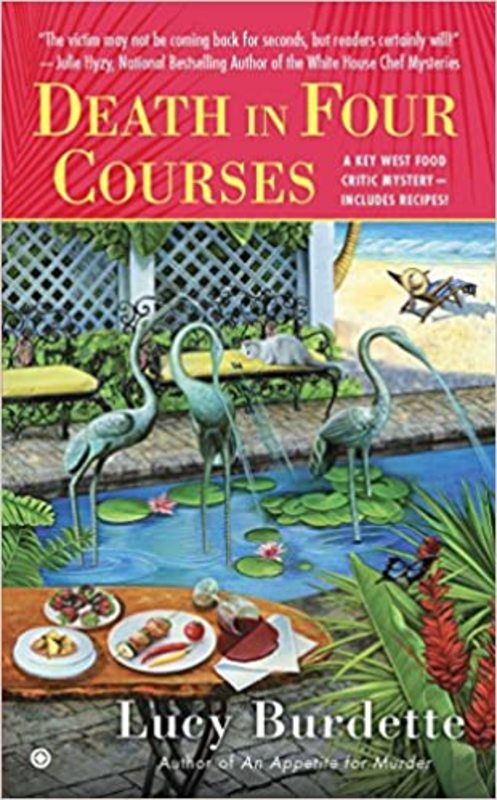 Book cover for "Death in Four Courses" by Lucy Burdette