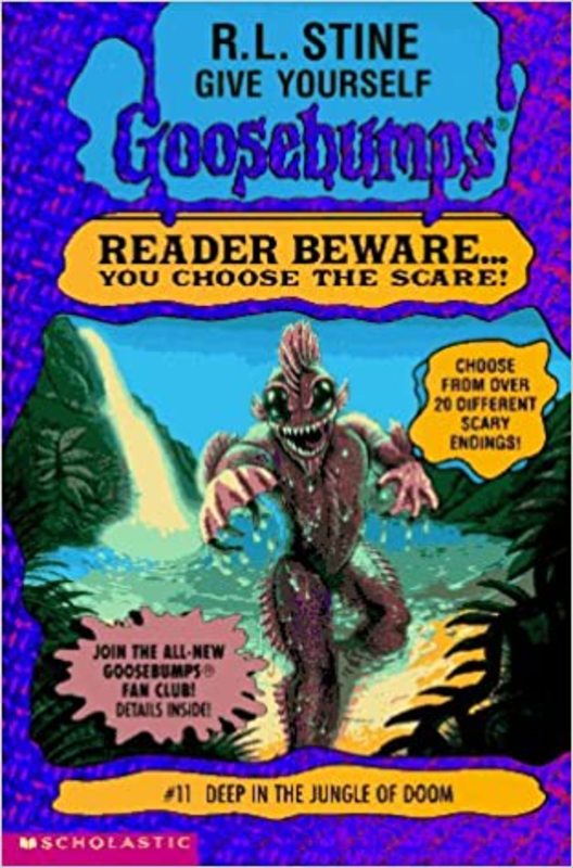 Book cover for "Deep in the Jungle of Doom" by R.L. Stine