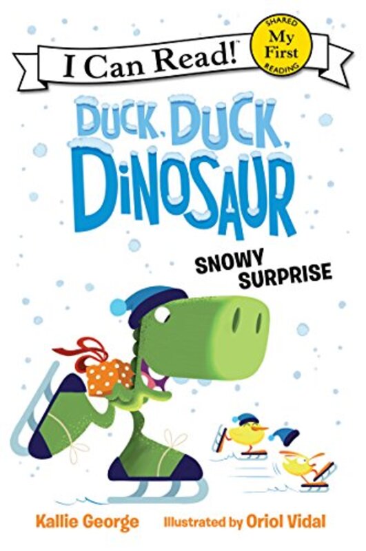 Book cover for "Duck, Duck, Dinosaur: Snowy Surprise" by Kallie George