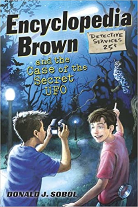 Book cover for "Encyclopedia Brown and the Case of the Secret UFOs" by Donald J Sobol