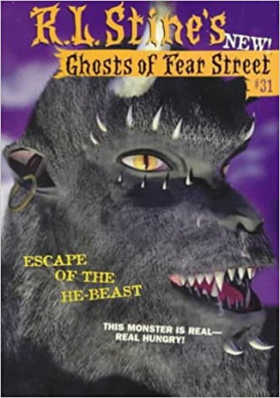 Book cover for "Escape of the He-Beast" by R.L. Stine