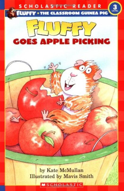 Book cover for "Fluffy Goes Apple Picking" by Kate McMullan