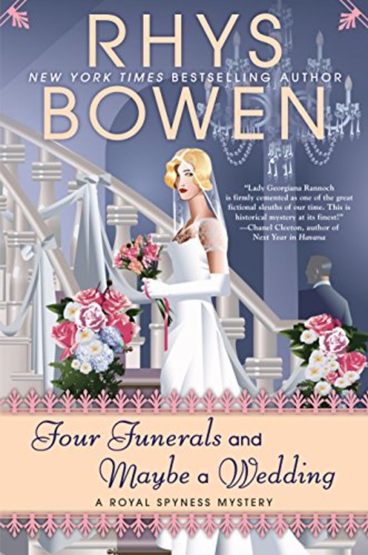 Book cover for "Four Funerals and Maybe a Wedding" by Rhys Bowen
