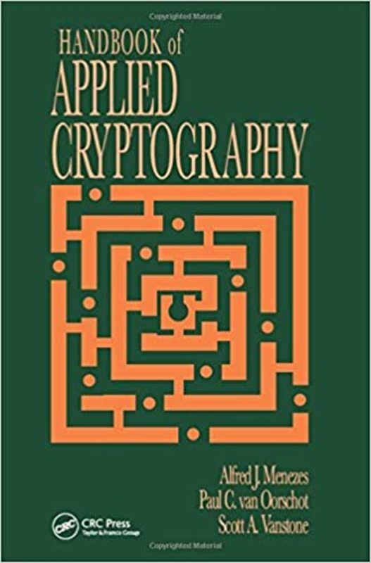 Book cover for "Handbook of Applied Cryptography" by Alfred J. Menezes