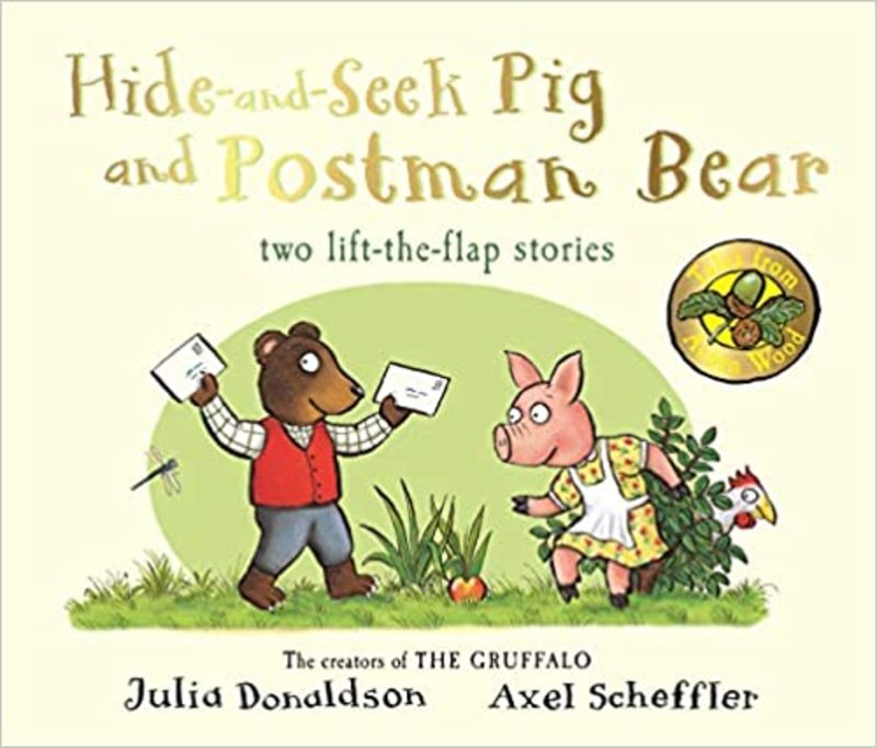 Book cover for "Hide-And-Seek Pig and Postman Bear" by Julia Donaldson