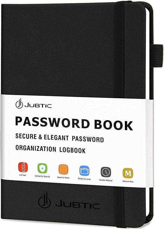 Book cover for "JUBTIC Password Book with Alphabetical Tabs" by JUBTIC