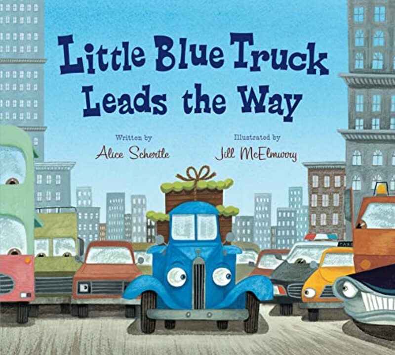 Book cover for "Little Blue Truck Leads the Way Padded Board Book" by Alice Schertle