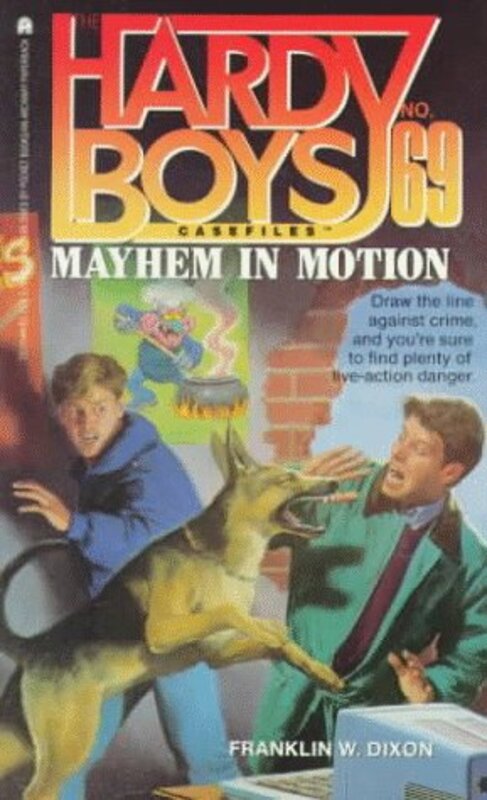 Book cover for "Mayhem in Motion" by Franklin W Dixon