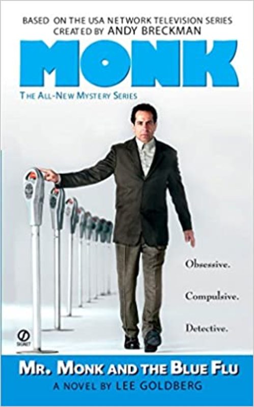 Book cover for "Mr. Monk and The Blue Flu" by Lee Goldberg