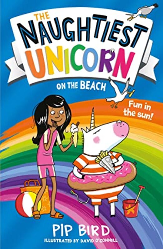 Book cover for "Naughtiest Unicorn On The Beach" by Pip Bird