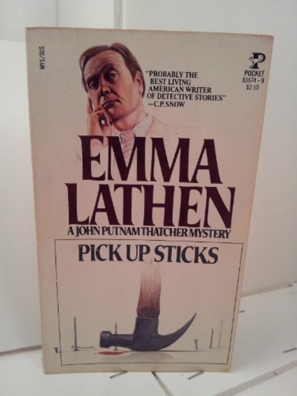 Book cover for "Pick Up Sticks" by Emma Lathen