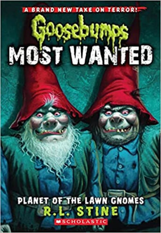 Book cover for "Planet of the Lawn Gnomes" by R.L. Stine