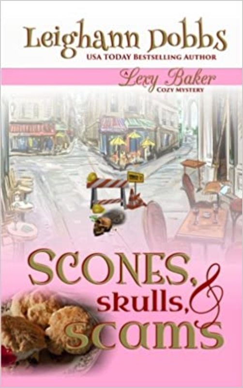Book cover for "Scones, Skulls & Scams" by Leighann Dobbs
