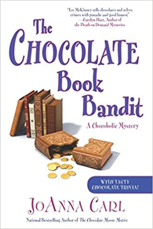 Book cover for "The Chocolate Book Bandit" by JoAnna Carl