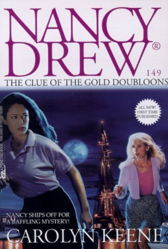 Book cover for "The Clue of the Gold Doubloons" by Carolyn Keene