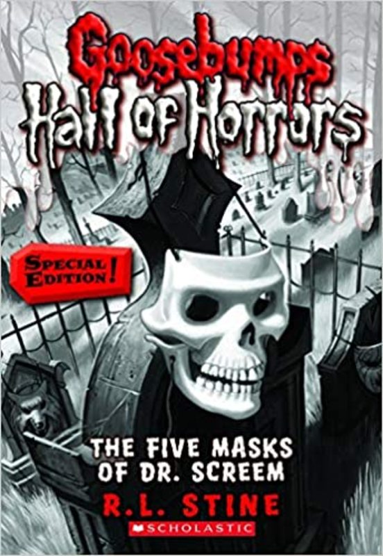 Book cover for "The Five Masks of Dr. Screem" by R.L. Stine