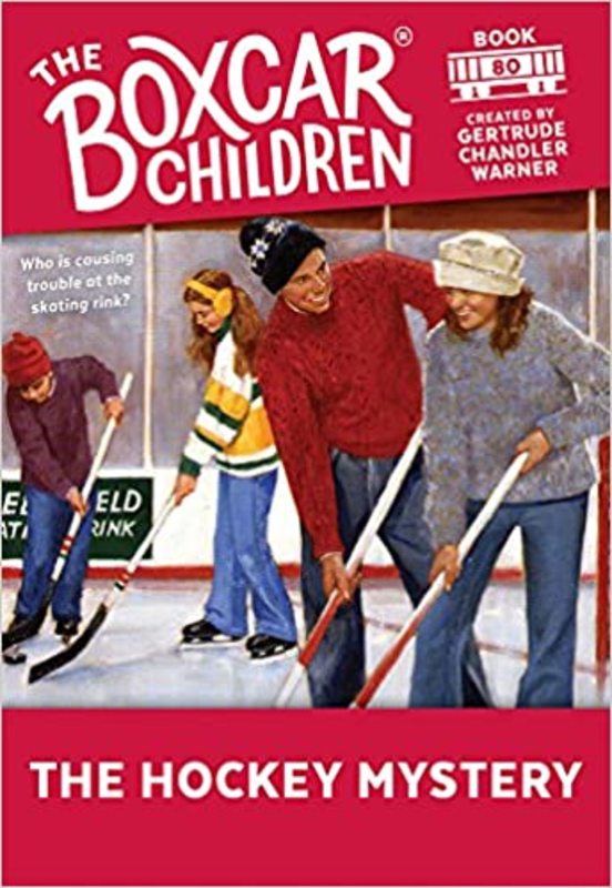 Book cover for "The Hockey Mystery" by Gertrude Chandler Warner