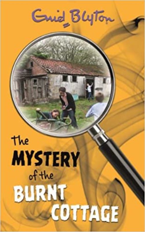 Book cover for "The Mystery of the Burnt Cottage" by Enid Blyton