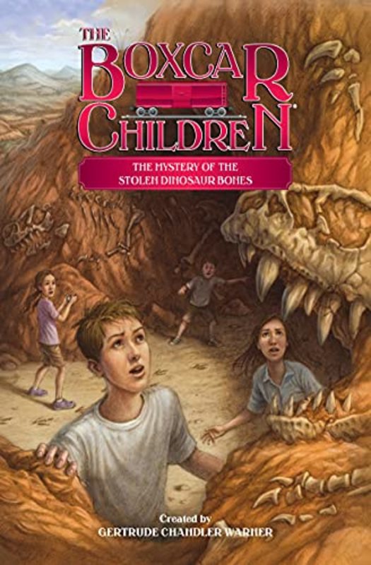 Book cover for "The Mystery of the Stolen Dinosaur Bones" by Gertrude Chandler Warner