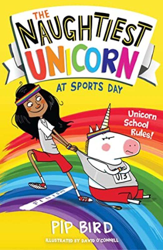 Book cover for "The Naughtiest Unicorn at Sports Day" by Pip Bird