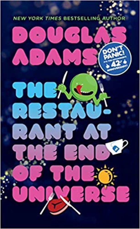 Book cover for "The Restaurant at the End of the Universe" by Douglas Adams