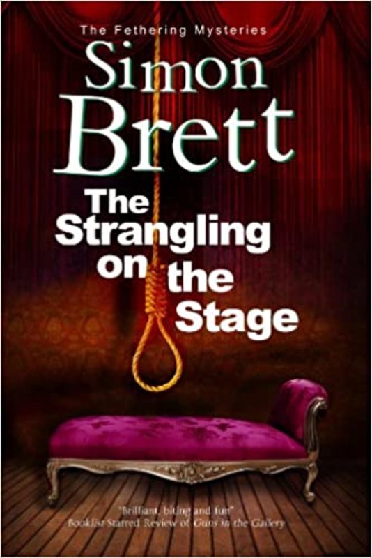 Book cover for "The Strangling on the Stage" by Simon Brett