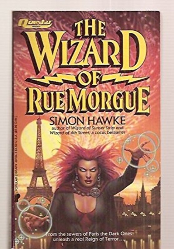 Book cover for "The Wizard of Rue Morgue" by Simon Hawke